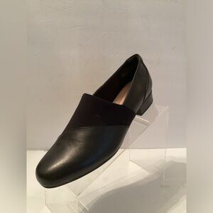 CLARKS Wide Black Leather and Stretch Fabric Slip On Shoes